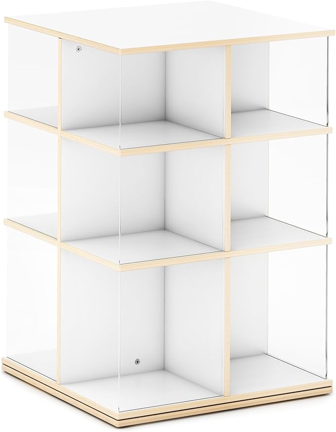 EdQ Rotating Big Book Display–White: 3-Tier Montessori Wooden Bookshelf for Kids' Room, 360° Spinning Bookcase with Acrylic Shelves for Home, Playroom, Classroom Storage & Homeschool Organization