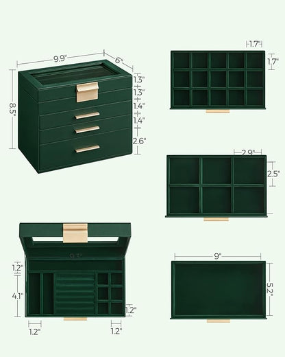 SONGMICS Jewelry Box Organizer with Glass Lid, 4-Layer Jewelry Storage, with 3 Drawers, Modern Style, 6 x 9.9 x 8.5 Inches, Forest Green and Gold Color UJBC161G01