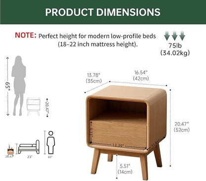 Vadisun 100% Solid Wood Nightstand Set of 2, Small Night Stand with Drawer and Open Shelf, Natural Wood Nightstand, Mid Century Modern Night Stand, Wooden Bedside Table for Bedroom(20.47" H)