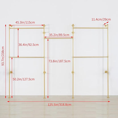 Industrial Pipe Clothing Rack Wall Mounted 5 Hanging Rods Garment Bar, Heavy Duty Closet Storage Rod Vintage Commercial Clothes Racks for Hallway Retail Boutique (Gold)