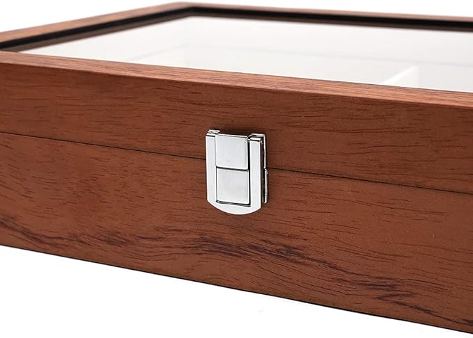 DouSeiAi Wooden Sunglasses Organizer, 8 Grids Sunglasses Storage Box, Sunglasses Display Case with Lock Eyewear Showcase Organizer Mahogany
