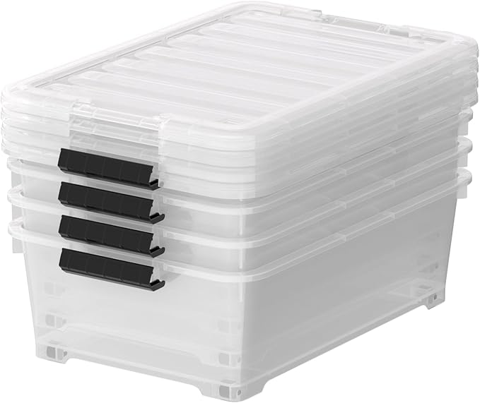 Minekkyes 20 Quart Plastic Under Bed Storage Containers, Latching Storage Boxes with Wheels, Clear Under Bed Storage Bins, 4 Pack
