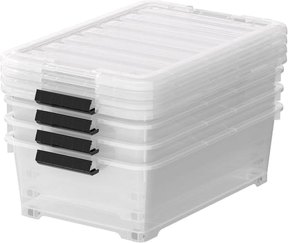 Minekkyes 20 Quart Plastic Under Bed Storage Containers, Latching Storage Boxes with Wheels, Clear Under Bed Storage Bins, 4 Pack