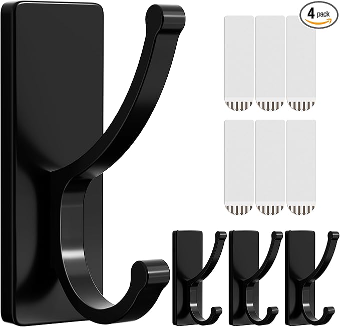 pickpiff Adhesive Wall Hooks with Strip - No Residue, Easy to Remove, Strong Heavy Duty Sticky Towel Hook, 4 Pack Black