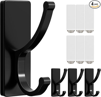 pickpiff Adhesive Wall Hooks with Strip - No Residue, Easy to Remove, Strong Heavy Duty Sticky Towel Hook, 4 Pack Black