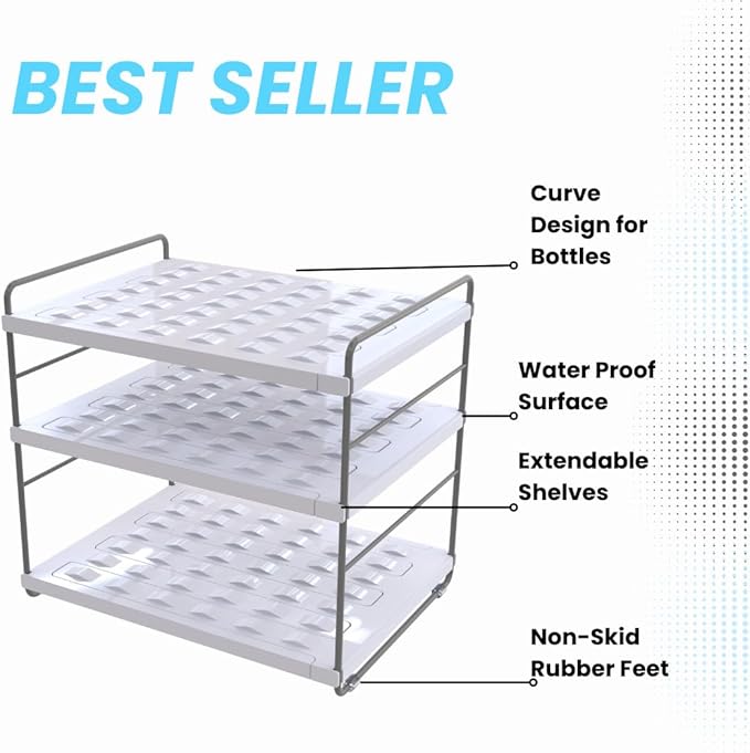 YAN & HIN 2 Packs Extendable Pantry Organizers and Storage, Kitchen Cabinet Organizer, 3-Tier Adjustable Height, Hold 15 Bottles - Water Bottle, tupperware, Fridge, Kitchen countertop Organizer