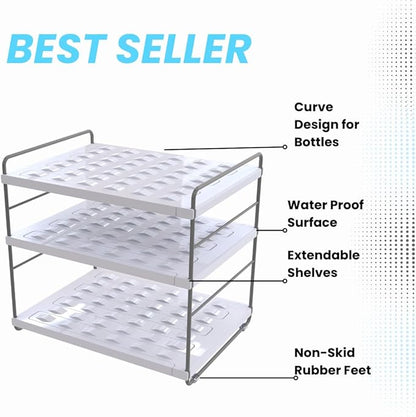 YAN & HIN 2 Packs Extendable Pantry Organizers and Storage, Kitchen Cabinet Organizer, 3-Tier Adjustable Height, Hold 15 Bottles - Water Bottle, tupperware, Fridge, Kitchen countertop Organizer