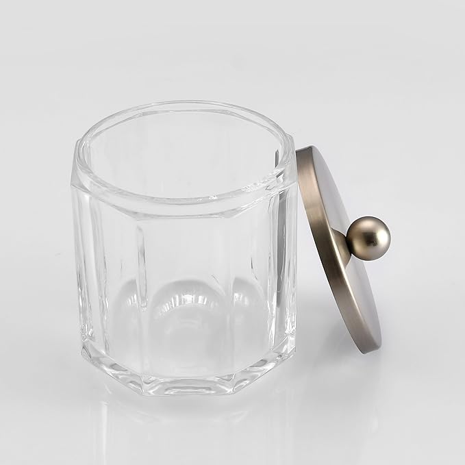 Indecor Home Clear Transparent Apothecary Octagional Shaped Glass Canister Jar With Satin Nickel Metal Lid Cover for Bathroom Organization, Cotton Balls, Q Tips, and Small Accessories, Bath Storage