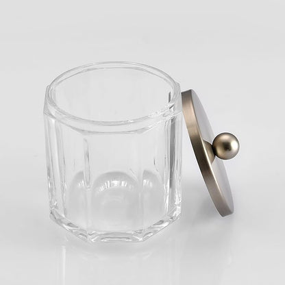Indecor Home Clear Transparent Apothecary Octagional Shaped Glass Canister Jar With Satin Nickel Metal Lid Cover for Bathroom Organization, Cotton Balls, Q Tips, and Small Accessories, Bath Storage