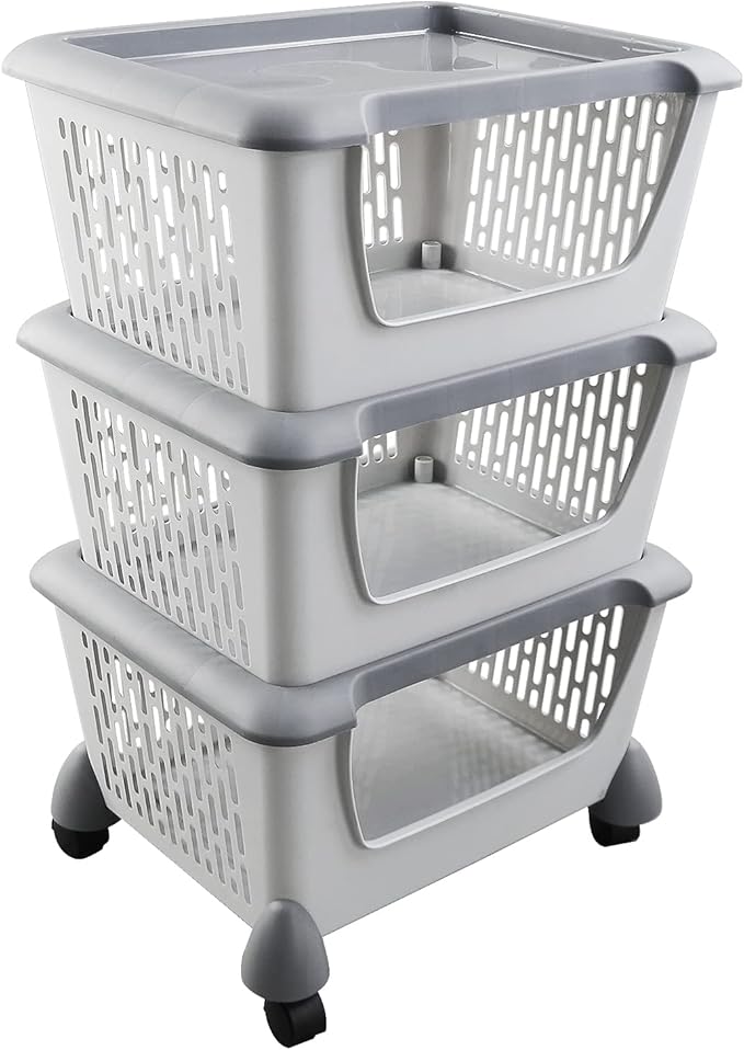 5-Tier Plastic Stackable Storage Bins for Pantry, Stacking Organizing Baskets with Wheels