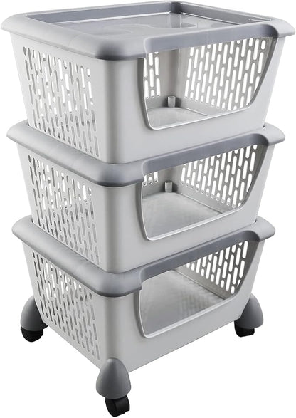 5-Tier Plastic Stackable Storage Bins for Pantry, Stacking Organizing Baskets with Wheels