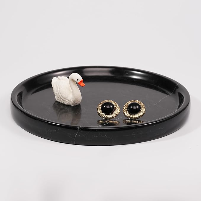 LWALMS Marble Perfume Jewelry Tray - Stone Trinket Ring Key Purse Holder Dish, Round Plate Decorative Bowl for Nightstand Entryway Coffee Table Decor (7.9 inch)