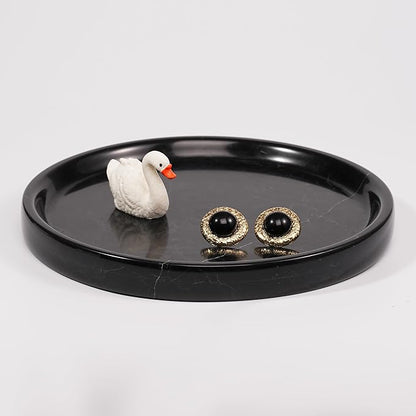 LWALMS Marble Perfume Jewelry Tray - Stone Trinket Ring Key Purse Holder Dish, Round Plate Decorative Bowl for Nightstand Entryway Coffee Table Decor (7.9 inch)
