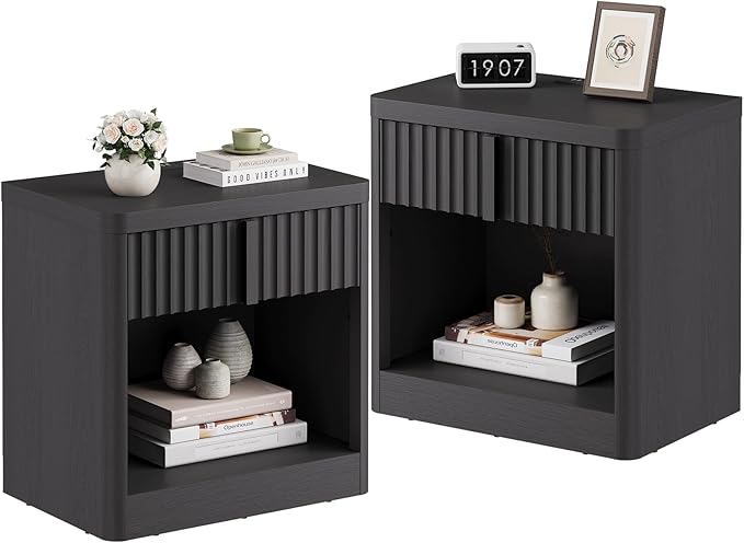 Harpaq Fluted Nightstand Set of 2 with Charging Station, 23.6" Wood End Table with Solid Wood Handle, Curved Profile Design, Mid Century Moden Bedside Table for Bedroom, Black