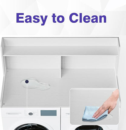 Washer Dryer Countertop with 2 Tier Shelf, 27.5" W × 54" L Laundry Wood Countertop with Edge Rails for Laundry Room Organization and Storage (White)