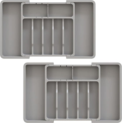 2 Pack Silverware Organizer, Expandable and Adjustable Kitchen Utensil Drawer Organizer, Plastic Cutlery Holder with Multiple Compartments,Cutlery Holder,for Spoons Forks Knives,Grey,UAFD012G
