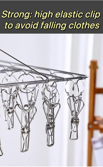 2 Pack Stainless Steel Sock Drying Rack with 80 Clips,360° Rotatable Windproof Hook Clothes Hanger Rack for Herb,Bras,Underwear,Baby Clothes,Hat,Scarf,Pants,Gloves,Towel and Laundry Accessories