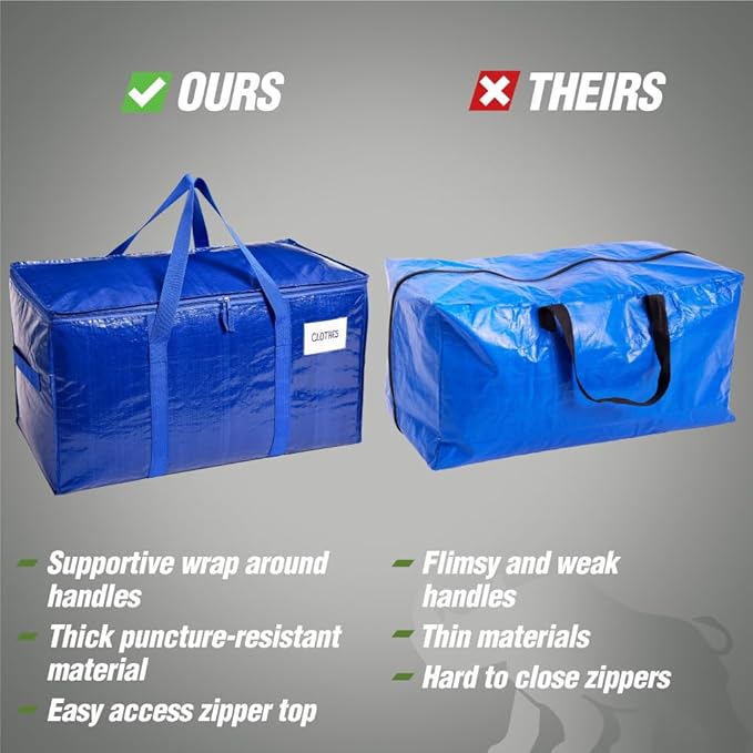 RUGGED RHINO Heavy Duty Extra Large Moving Bags, Durable Bag Strong Handles and Zipper, Moving Boxes Alternative for College Packing, Holiday Décor, Space Saving Storage with Label, 2 Pack Blue/Clear
