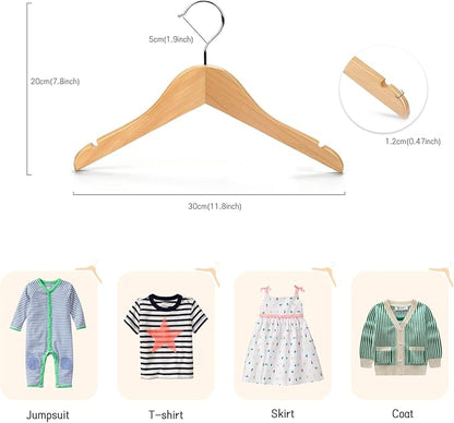 Nature Smile Kids Baby Children Toddler Wooden Shirt Coat Hangers with Notches and Anti-Rust Chrome Hook Pack of 10 (Natural)