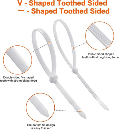 12"─-shaped & V-shaped double-sided tooth zip ties white. ─: 100lbs, V: 200lbs tensile strength. Heavy-duty, self-locking, adjustable, durable nylon ties for indoor/outdoor use. (40V+60─)