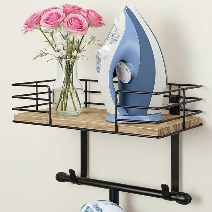 THYGIFTREE Ironing Board Holder Wall Mount, Metal Ironing Board Hanger with Shelf Laundry Room Accessories Holder for Holder for Ironing Board and Iron on Wall
