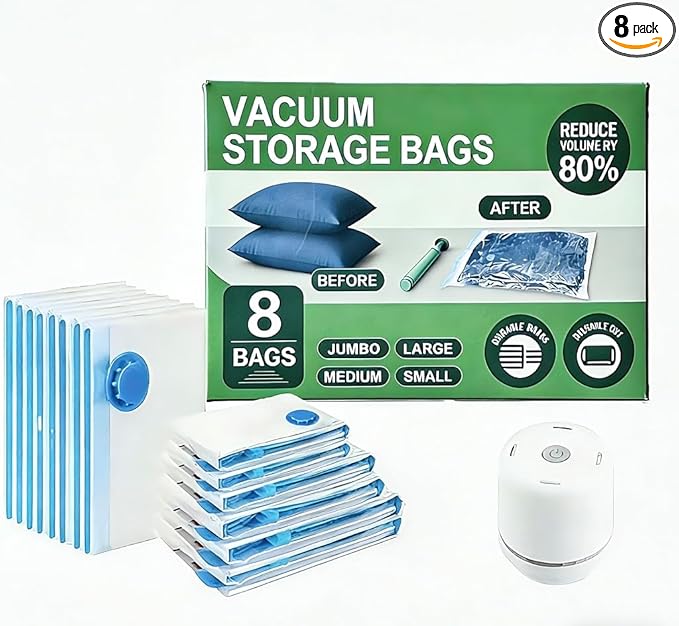 LICOZYVE Vacuum Storage Bags for Travel and Home,8 Pack Vacuum Seal Bags for Clothing,(with Electric Pump and Hand Pump,Jumbo 80 * 100)
