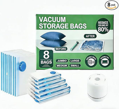 LICOZYVE Vacuum Storage Bags for Travel and Home,8 Pack Vacuum Seal Bags for Clothing,(with Electric Pump and Hand Pump,Jumbo 80 * 100)