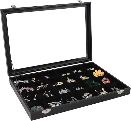 Wudygirl Jewelry Organizer Clear Lid 24 Grid Jewelry Box Case Organizer Showcase Display Jewelry Tray Removable Black Velvet Locked