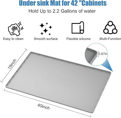 Under Sink Mat for Kitchen Waterproof, 40" x 19" Silicone Under Sink Liner Kitchen & Bathroom Cabinet Protector Mats, Heavy Duty Flexible Under Sink Drip Tray with Lip, Cool Grey