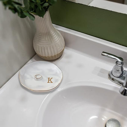VINCOMIC Initials Ring Dish Jewery Tray with personalized K-Monogrammed Gifts Wedding Engagement for Women Friends sister,Ceramic White
