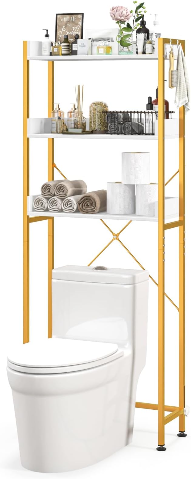 LOKO 3-Tier Over The Toilet Storage Rack, Bathroom Space Saver Shelf, Freestanding Above Toilet Organizer with 4 Hooks, Anti-Tipping Device, Metal Frame Toilet Rack for Balcony Laundry (White+Gold)