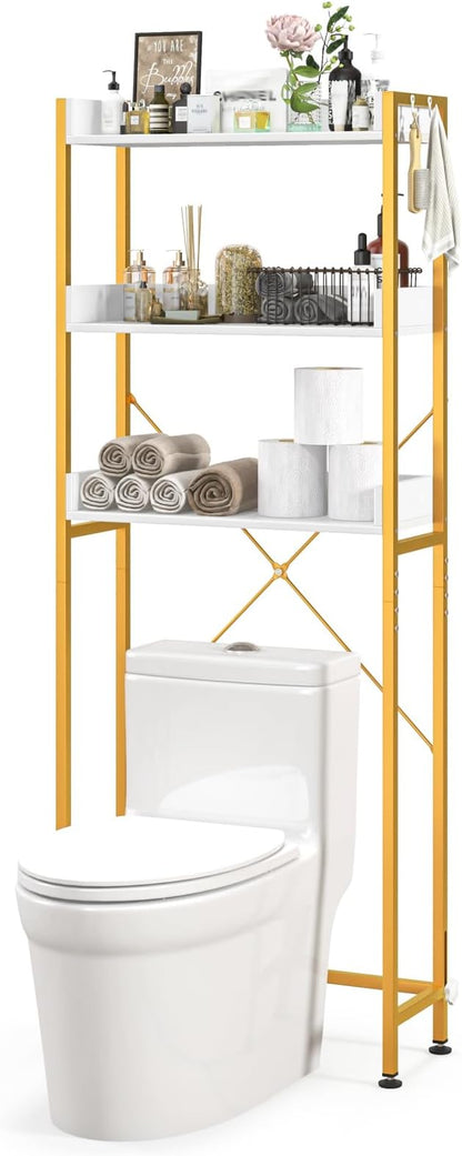 LOKO 3-Tier Over The Toilet Storage Rack, Bathroom Space Saver Shelf, Freestanding Above Toilet Organizer with 4 Hooks, Anti-Tipping Device, Metal Frame Toilet Rack for Balcony Laundry (White+Gold)