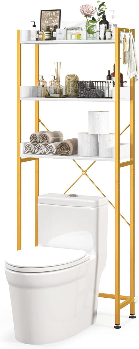 LOKO 3-Tier Over The Toilet Storage Rack, Bathroom Space Saver Shelf, Freestanding Above Toilet Organizer with 4 Hooks, Anti-Tipping Device, Metal Frame Toilet Rack for Balcony Laundry (White+Gold)