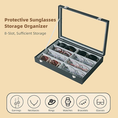 XHMQYC Glasses Holder Box Drawer Sunglass Organizer for Men Clear Wide Storage Case 8 Slots Multiple Reading Glasses Display, Black Leather With Clear Glass Lid