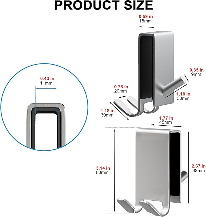 KITHOLD Shower Door Hook, Double-Sided Hook for Frameless Shower Doors (3.14 Inch), Heavy-Duty Stainless Steel Hook for Bathrobes and Towels, No Drilling or Adhesive Required, 2-Pack, Silver