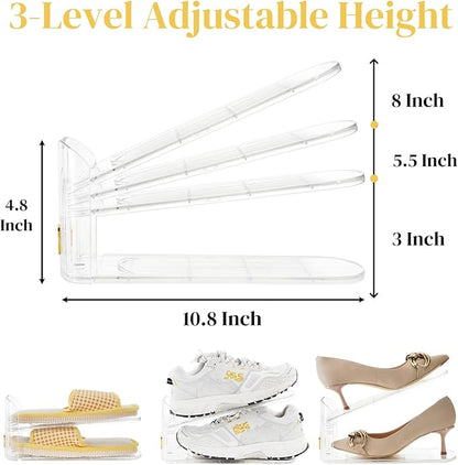 10 Pack Clear Shoe Slot Organizer, 11" Adjustable Shoes Stacker for Closet, Double Deck Display Shelf for a Pair of Shoes, Anti-slip Shoe Rack Holder Storage Space Saver