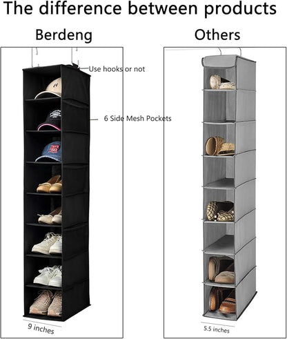 Hanging Shoe Organizer for Closet with Side Mesh Pockets，Hat Racks for Baseball Caps，Shoe and Hat Holder & Storage，8-Shelf，Black，2 Pack