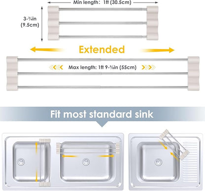 Tomorotec Adjustable Over-The-Sink Kitchen Rack for Dishcloths, Sponges, Bottles and Brushes - Heat-Resistant Stainless Steel with Slim, Expandable Design and Multifunctional Silicone Holder