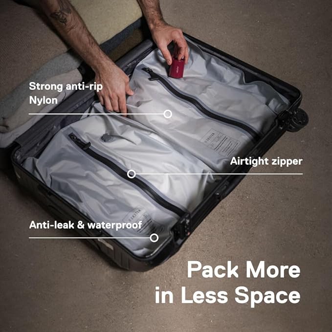 Ekster Vacuum Travel Kit - Odor & Waterproof Anti-Rip Nylon Compression Storage and Organization Travel Vacuum Bags with Pump,TSA-Ready,Wireless Vacuum Pump for 15+ Items,Backpacks & Suitcases-4 Pack