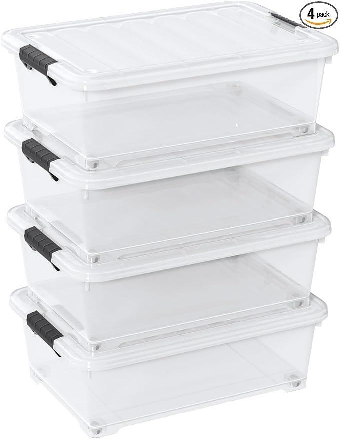 Zerdyne 20 L Plastic Underbed Storage Box with Wheels, 4-Pack Clear Latch Container for Under Bed