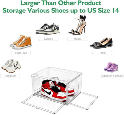 Acrylic Shoe Storage Boxes – Clear Plastic Stackable Shoe Organizer For Closet, Space Saving Shoe bins With Magnetic Doors 2 Lids Open For Sneakers, Trainers, Pumps, Heels, Flats (Clear- 4 Pack)