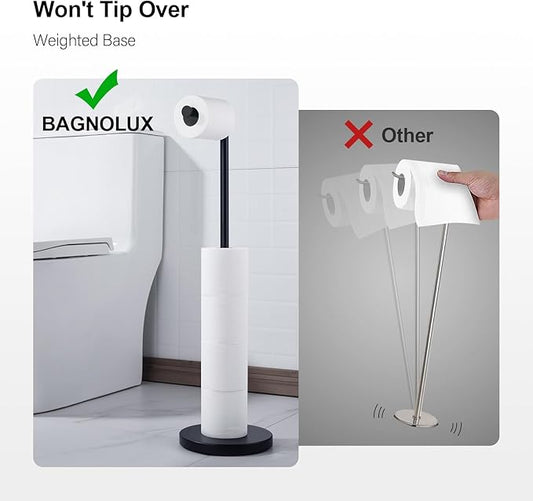 BAGNOLUX Bathroom Toilet Paper Holder Stand with Reserve, SUS304 Stainless Steel Rustproof Pedestal Tissue Roll Holder Heavy Duty (Matte Black)