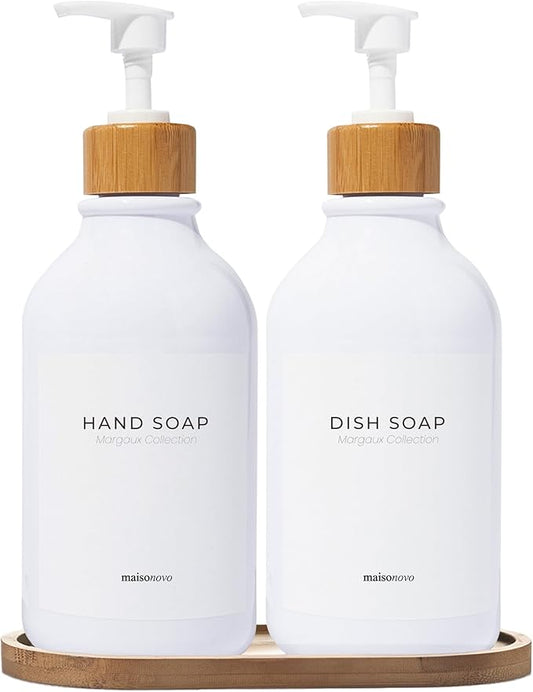 Maisonovo Plastic Soap Dispenser Set | Hand Soap and Dish Soap Dispenser Set | 16.9oz Amber Bottles with Black Bamboo Pump | Bathroom Lotion Dispenser with Pump Set of 2