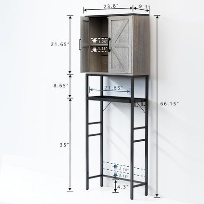 Timboniture Over The Toilet Storage Cabinet, Bathroom Above Toilet Cabinet Organizer with Doors and Adjustable Shelves, Bathroom Shelf Organizer with Anti-Tip Device & Drain Rack, Grey