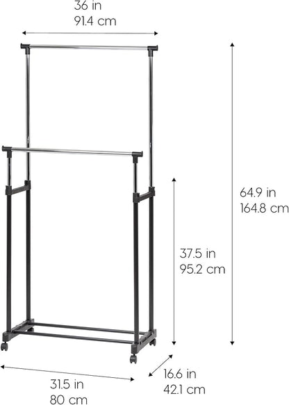 IRIS USA Clothes Rack, Portable Double-Rod Height Adjustable with Lockable Wheels, Rolling Garment Rack, Double Rod Wardrobe Rack, Easy Assemble, for Clothes, Belts, Shoes, and Bags