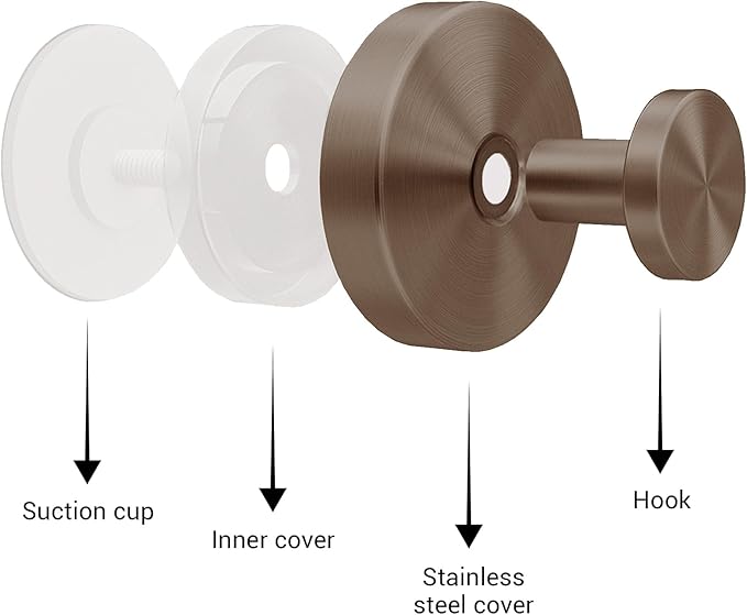 Welsa Suction Cup Hooks for Shower - 4 Pack, Bronze - Stainless Steel, Strong Suction, No Drill, Removable Hanger, Tile Bathroom Kitchen Wall, Glass Door, Mirror Hook Hanging Robe, Towel Holder