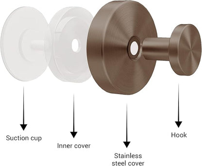 Welsa Suction Cup Hooks for Shower - 4 Pack, Bronze - Stainless Steel, Strong Suction, No Drill, Removable Hanger, Tile Bathroom Kitchen Wall, Glass Door, Mirror Hook Hanging Robe, Towel Holder