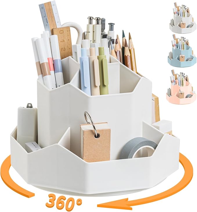 Pencil Pen Holder for Desk,9 Slots 360 Degree Rotating Desk Organizers,Desktop Storage Stationery Supplies Organizer, Cute Pencil Cup Pot For Office, School, Home(White)