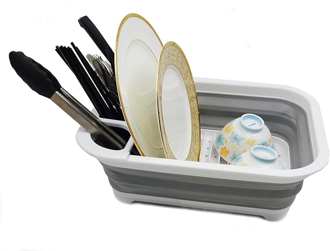 SAMMART Collapsible Plastic Dish Drainer - Foldable Drying Rack Set - Portable Dinnerware Organizer - Space Saving Dishes and Utensil Kitchen Storage (1, White/Grey (w/o Base Board))