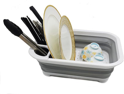 SAMMART Collapsible Plastic Dish Drainer - Foldable Drying Rack Set - Portable Dinnerware Organizer - Space Saving Dishes and Utensil Kitchen Storage (1, White/Grey (w/o Base Board))